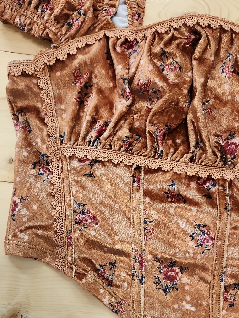 Free People Velvet Floral Milkmaid Corset Crop Top Honey Bronze L EUC